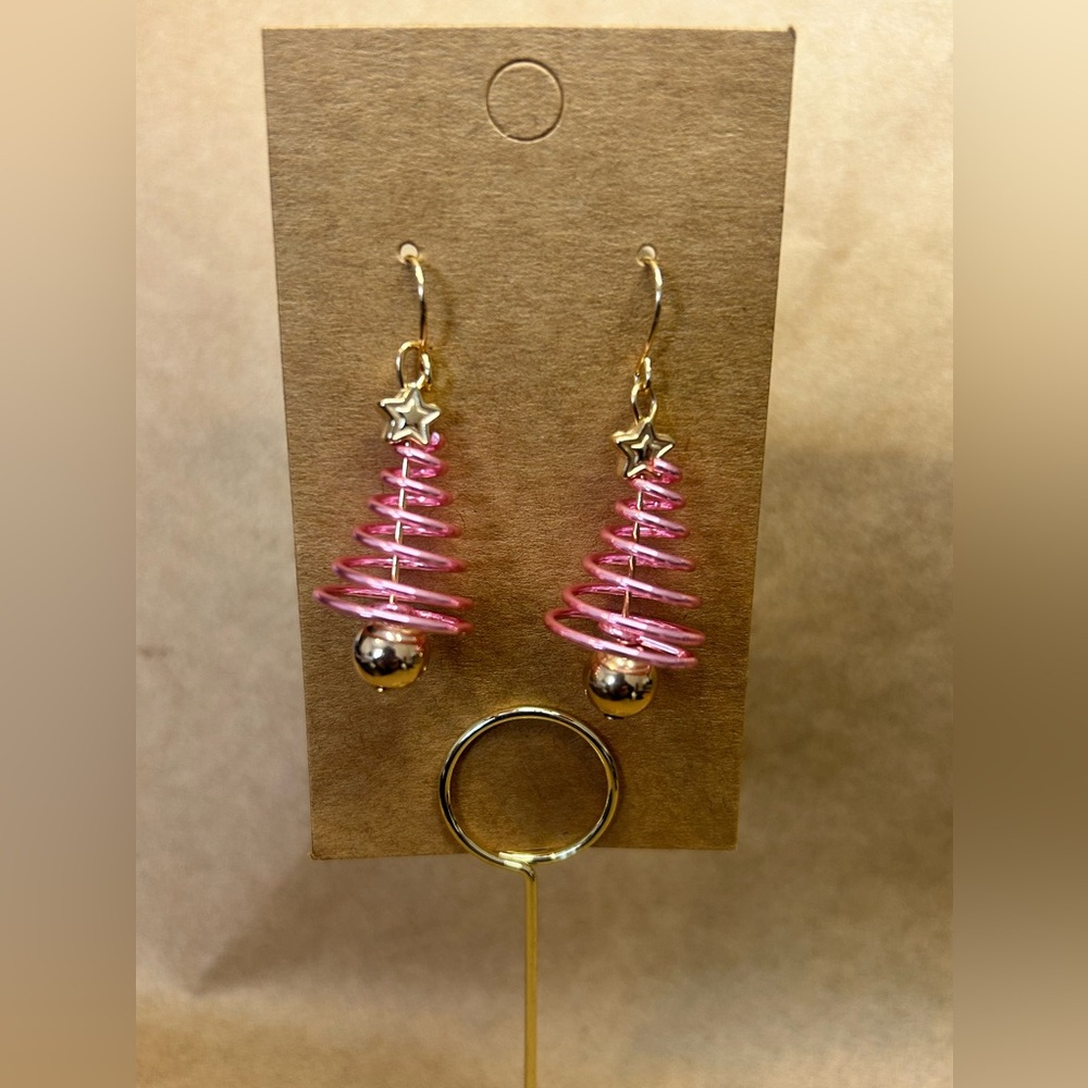 #437 | Pink Spiral 🌀 Christmas 🎄 Tree Dangle Earrings with Gold Accents ⭐️